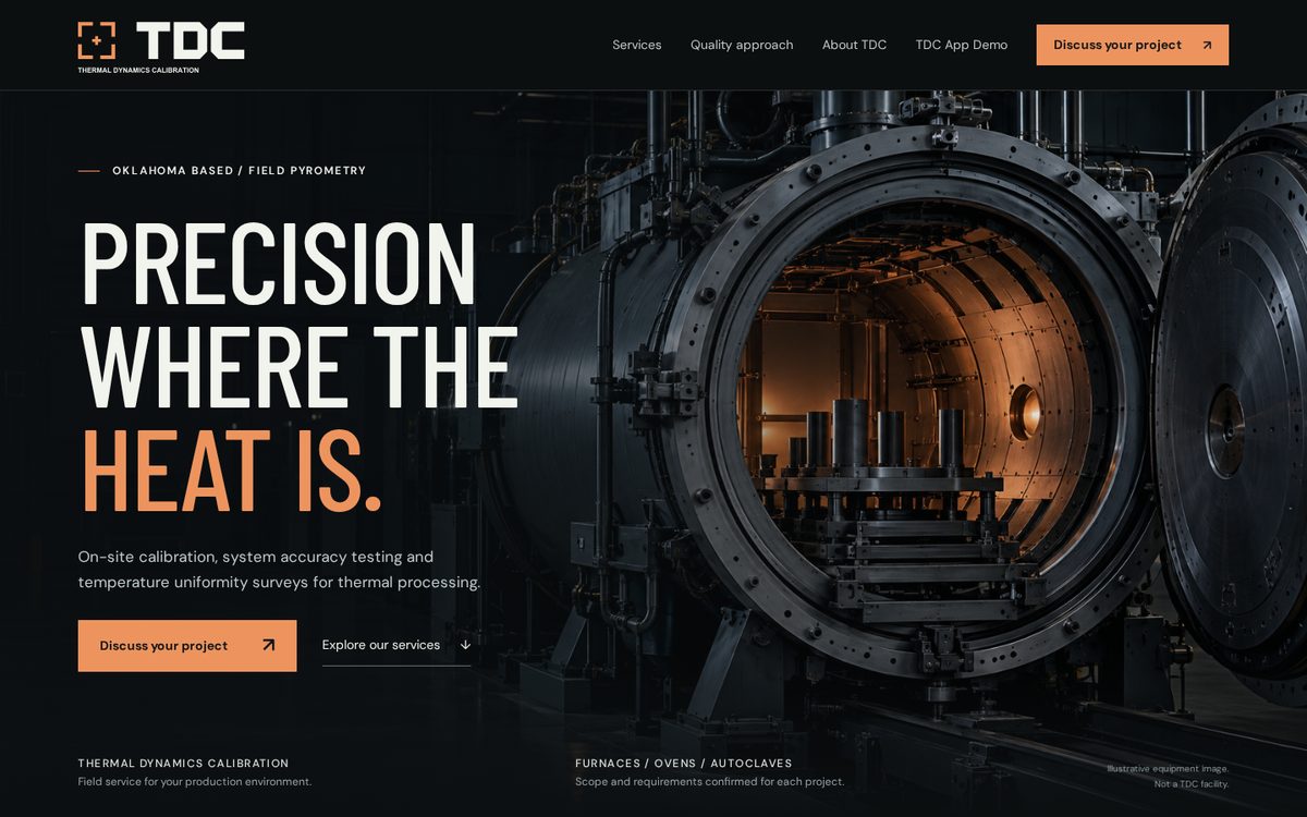 Screenshot of the Thermal Dynamics Calibration website home page: Precision where the heat is